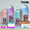 A set of three 750ml portable sports water bottles in pink, purple, and blue colors displayed on a white surface.