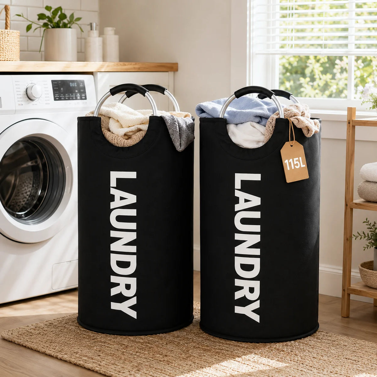 A pair of black foldable laundry hampers with padded handles sitting on a woven rug.
