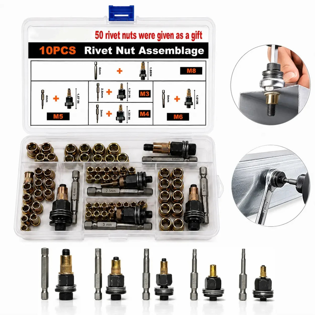 Professional Rivet Nut Tool Kit with Carbon Steel Rivnuts (M3-M8)