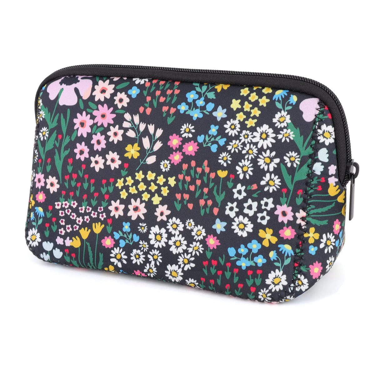 A black floral patterned waterproof neoprene cosmetic bag with a zipper.