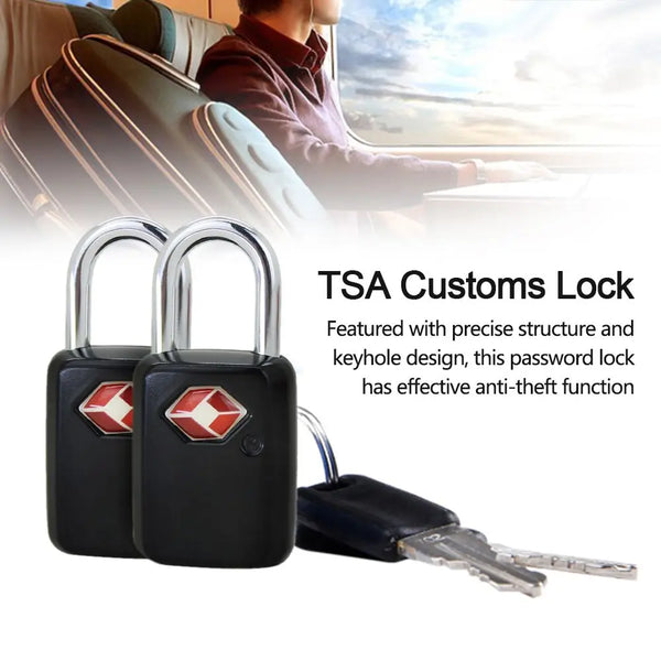 A black TSA Customs Lock with a key is shown next to a person using it on luggage.