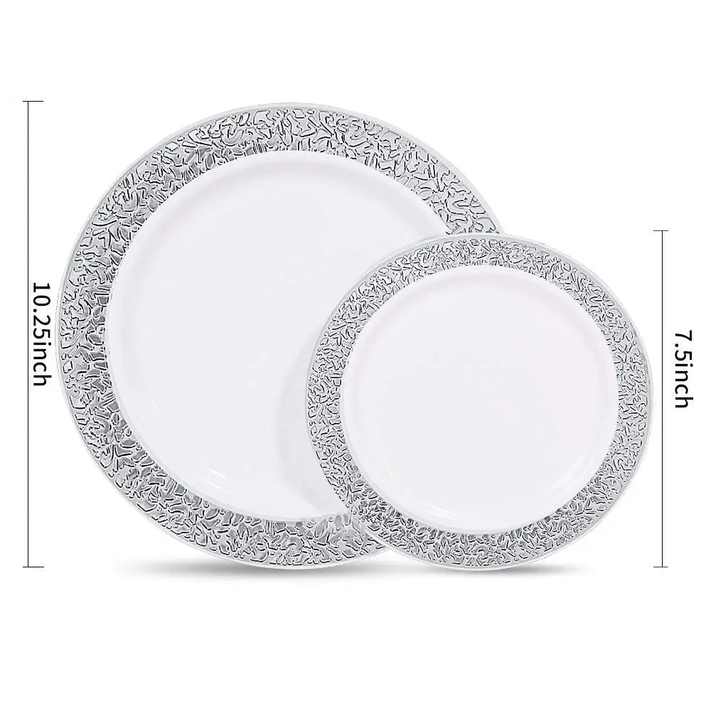 Elegant White Disposable Dinner Plates with Silver Lace Design