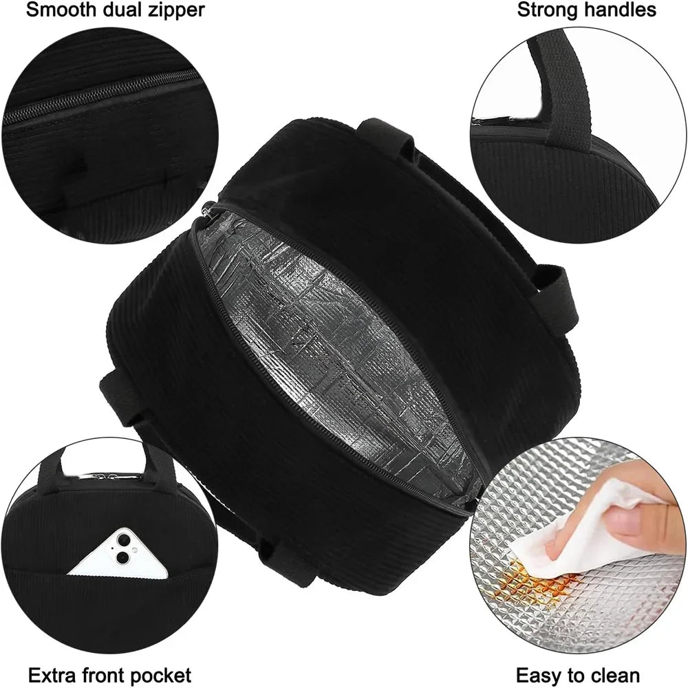 Black insulated lunch bag featuring a smooth dual zipper, strong handles, an extra front pocket, and is easy to clean.
