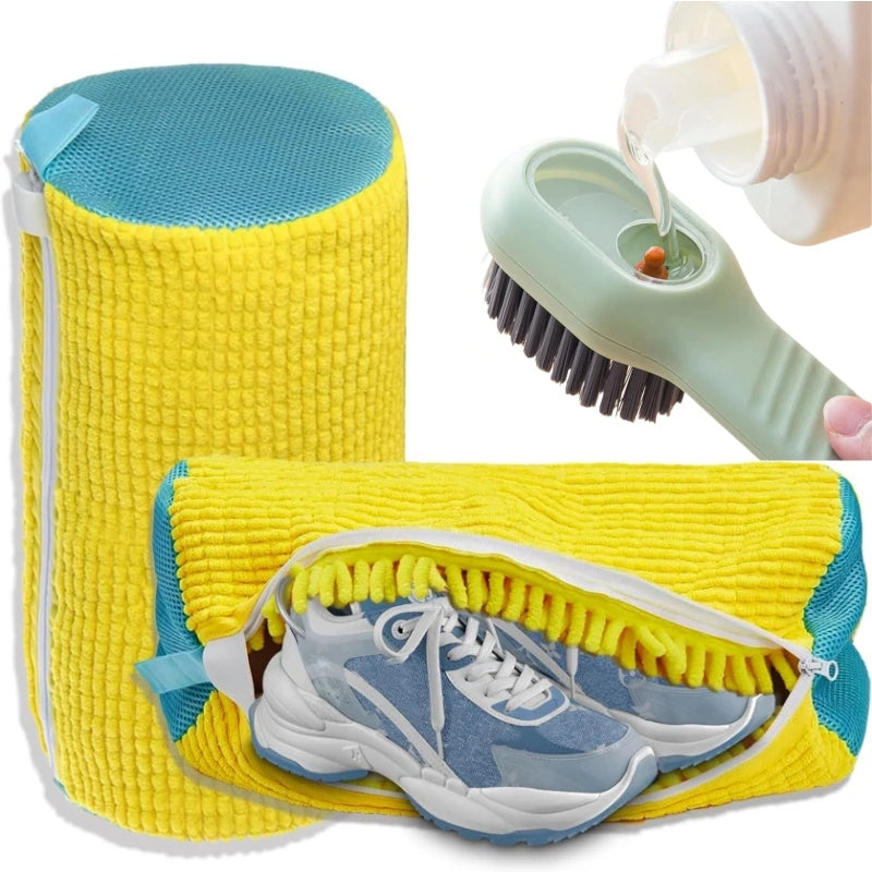Yellow shoe washing bag with a soft green cleaning brush and a pair of white sneakers inside