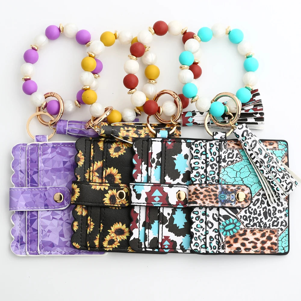 Silicone Bead Bracelet with Leather Card Holder and Tassel