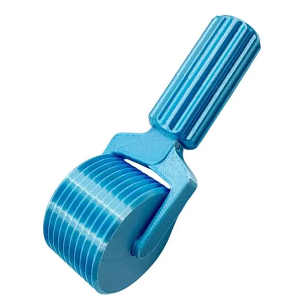 A blue detachable diamond painting roller tool with ribbed handles and a flat roller attachment.