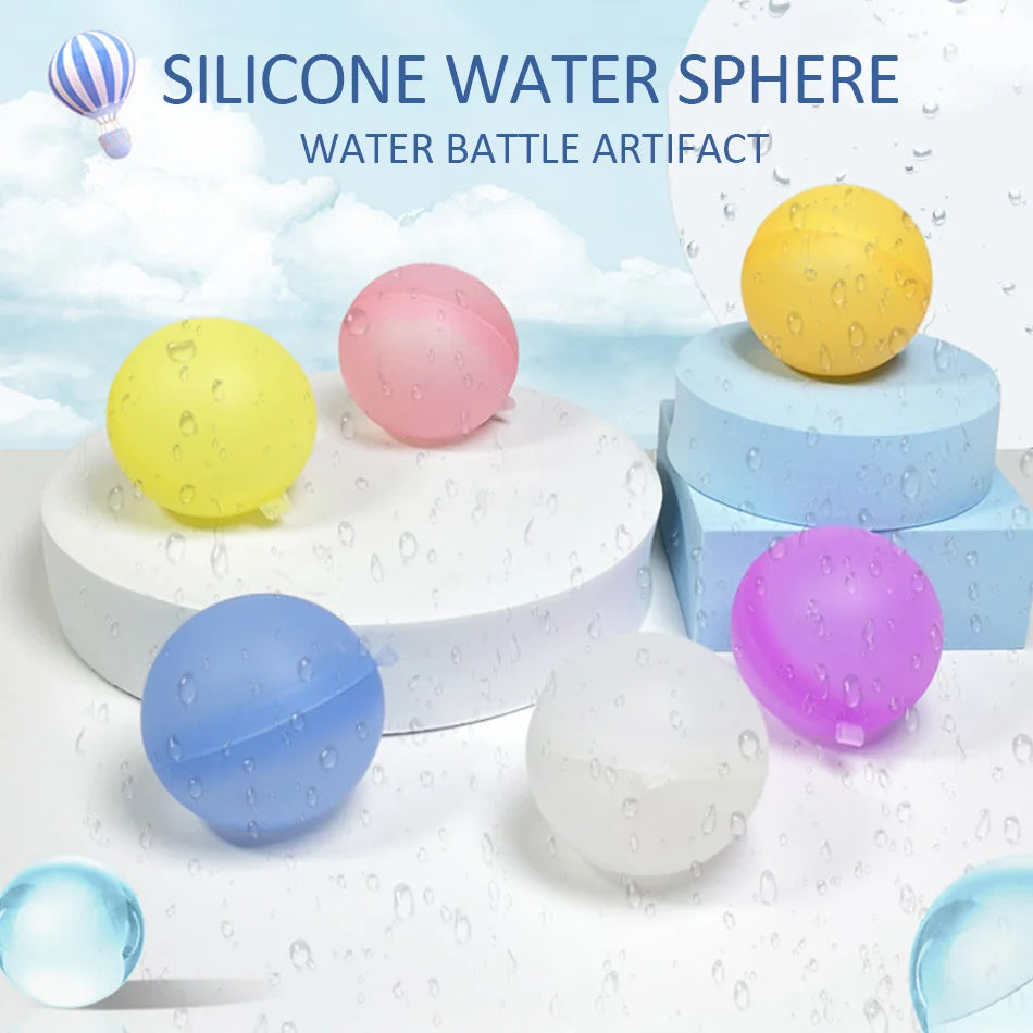 A collection of colorful silicone water spheres, including yellow, pink, and blue, are displayed on a white surface with wate