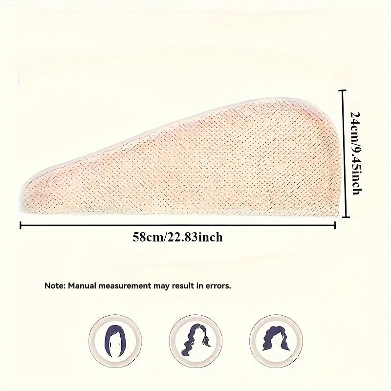 A pink microfiber towel wrap for hair shown flat with dimensions 58cm/22.83inch and a height of 24cm/9.45inch.