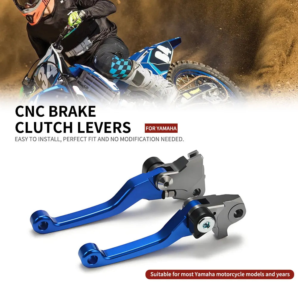 A set of blue CNC aluminum brake and clutch levers for Yamaha motorcycles.