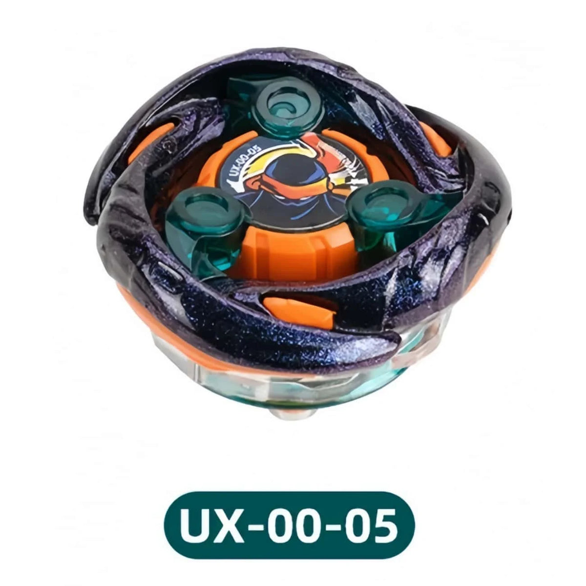 A metal spinning top battle toy with a launcher featuring purple and orange components.