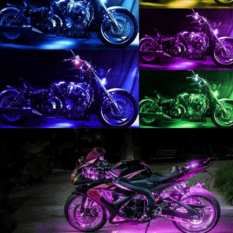 A purple and green motorcycle is illuminated by RGB sound-activated LED strip lights.