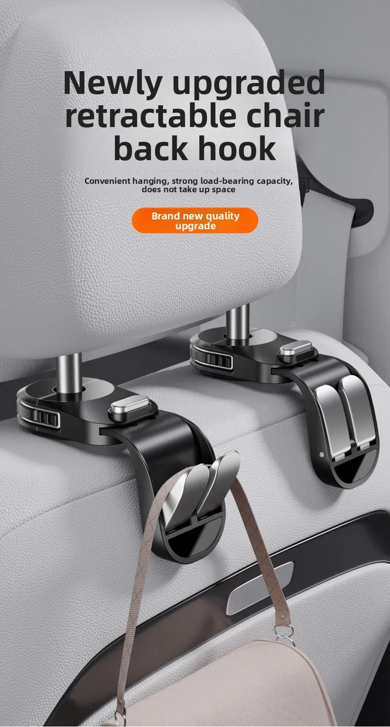 Newly upgraded retractable chair back hook installed on a car seat headrest.