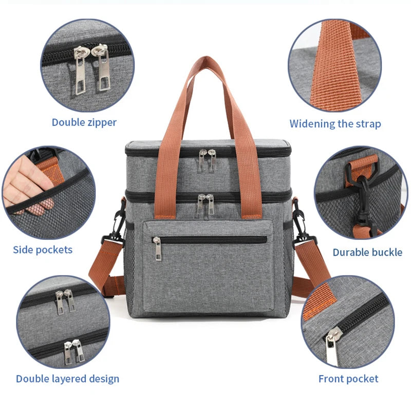 Insulated Double-Layer Lunch Tote with Shoulder Strap