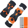 A set of black and orange razor blade scrapers for removing adhesive from vinyl and ceramic surfaces.