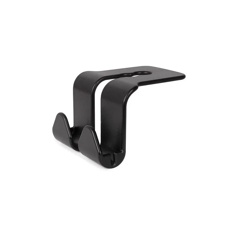 A pair of black universal car headrest hooks designed for hanging handbags and coats.