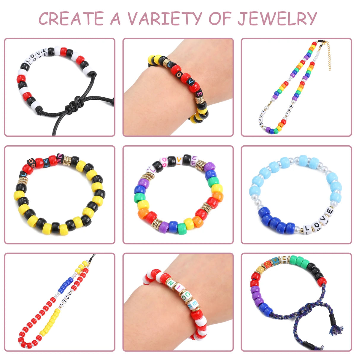 A collection of colorful acrylic letter beads and stringing material for creating various jewelry items.