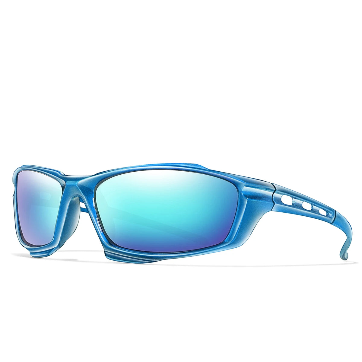 A pair of blue polarized sports sunglasses viewed from the side.