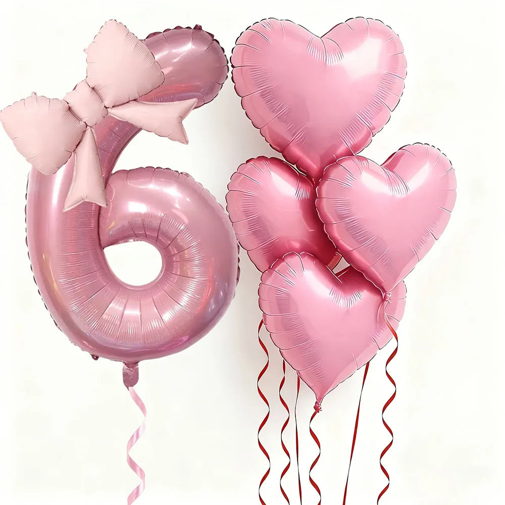 Pink Bow Heart and Number Foil Balloon Set for Celebrations