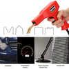 A hand holds a red plastic welding hot stapler kit demonstrating its use on car bumpers, panels, lamps, and radiators.