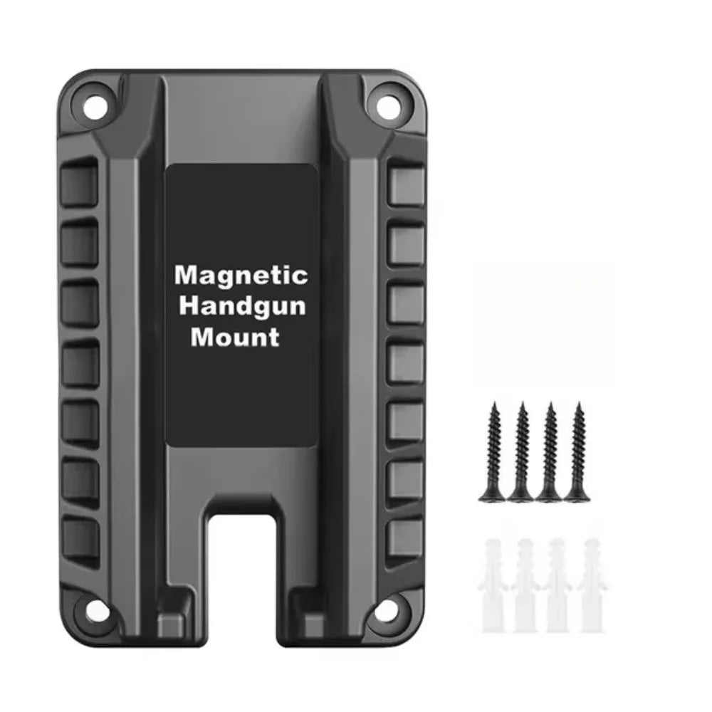 A black magnetic handgun mount with a quick-release lock for car and home use.