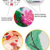 A diagram showing matching symbols and a diamond painting kit with colored beads and a finished mosaic artwork.
