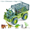 A green transport truck loaded with three dinosaurs, an egg, and a tree plant.