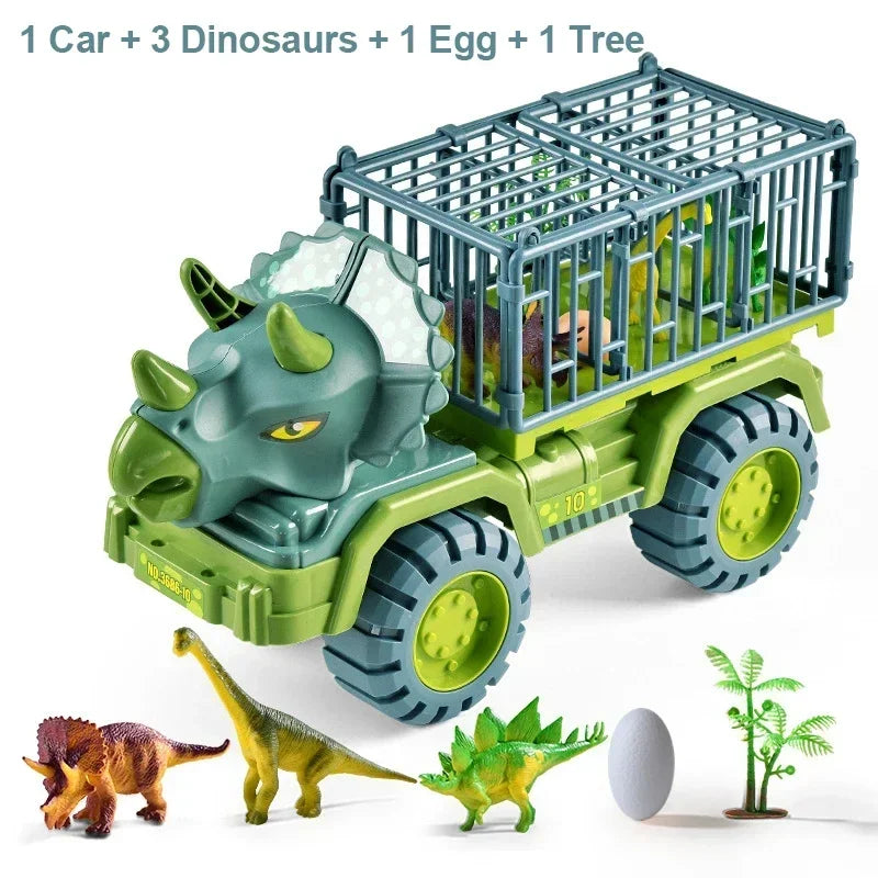 A green transport truck loaded with three dinosaurs, an egg, and a tree plant.