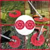 Close-up view of a red 36-tooth carbide tipped brush cutter blade with multiple cutting teeth.