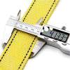 A yellow heavy-duty car tow strap is shown next to a digital caliper measuring its dimensions.