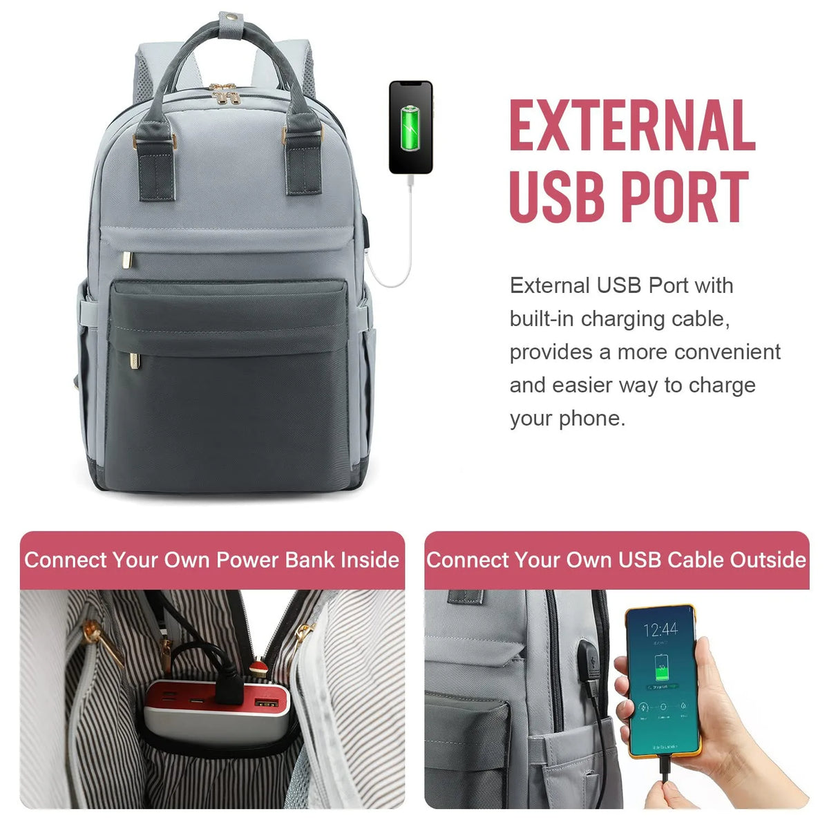 Women's Nylon Waterproof Casual Backpack with USB Port, Fits 15.6 Inch Laptop