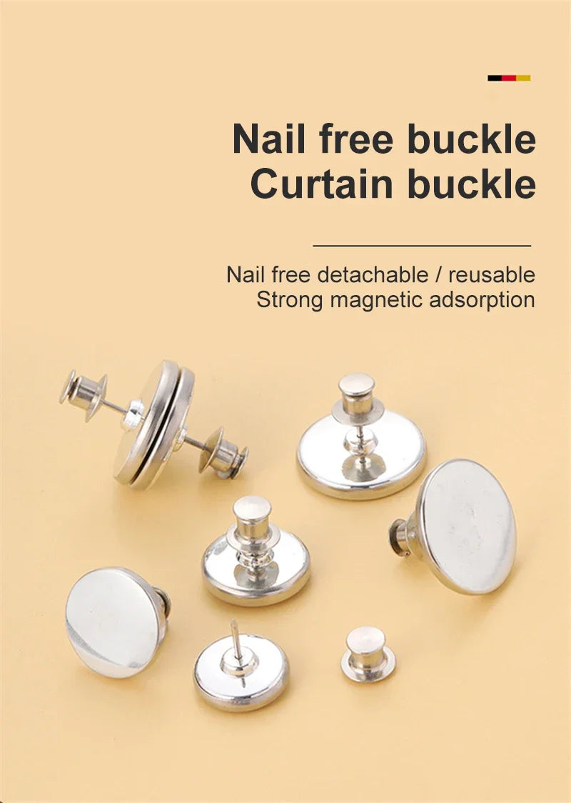 Set of nail free detachable reusable curtain buckles and clips for magnetic adhesion