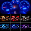 A grid of eight close-up images showing various LED bulbs and gauges installed in a vehicle dashboard and interior lights.