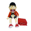 A plush toy of Jeffy featuring glasses, an orange jacket, and a gold chain.