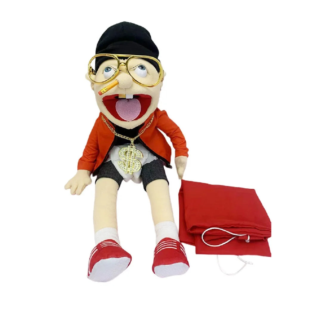 A plush toy of Jeffy featuring glasses, an orange jacket, and a gold chain.