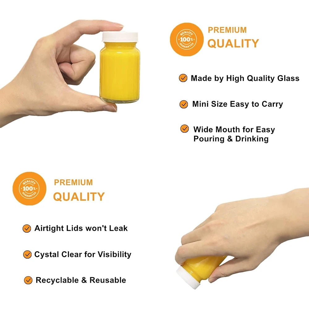 A hand holds a small yellow glass juice bottle with a white lid, demonstrating its premium quality and easy pouring.
