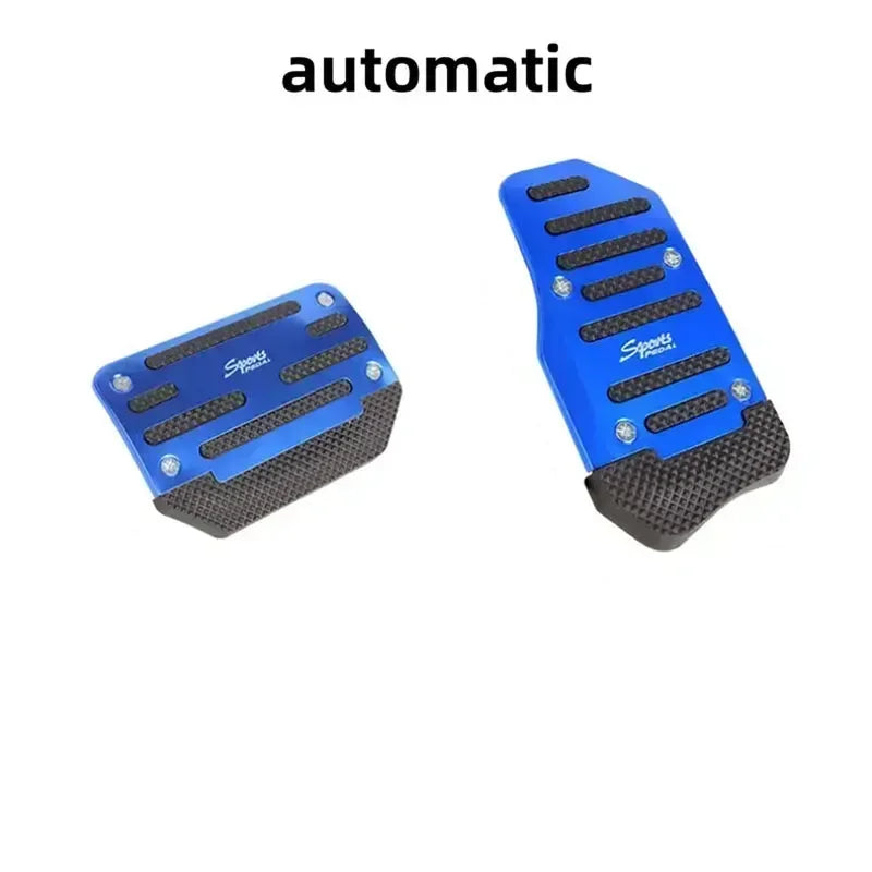 Blue automatic pedal covers with textured grips for manual cars