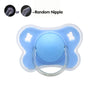 A light blue silicone baby pacifier with a flower design and protective cover shown next to two nipple options.
