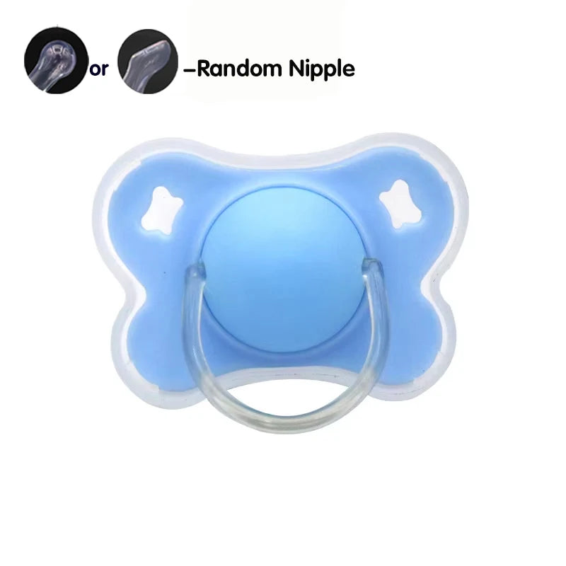 A light blue silicone baby pacifier with a flower design and protective cover shown next to two nipple options.
