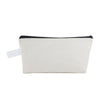A rectangular, light beige canvas zipper pouch with a black trim.