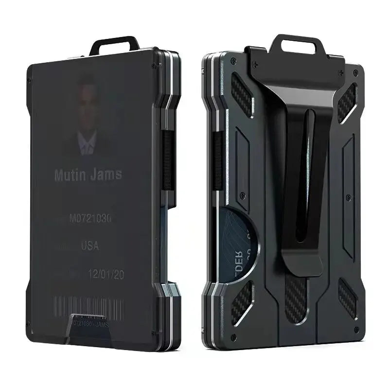 A black slim aluminum money clip wallet with a protective case is shown from the front.