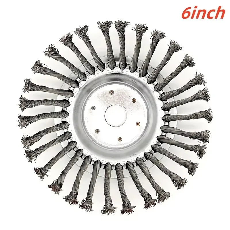 A 6-inch heavy-duty steel wire wheel brush with numerous stiff wires for lawn mower and trimmer use.