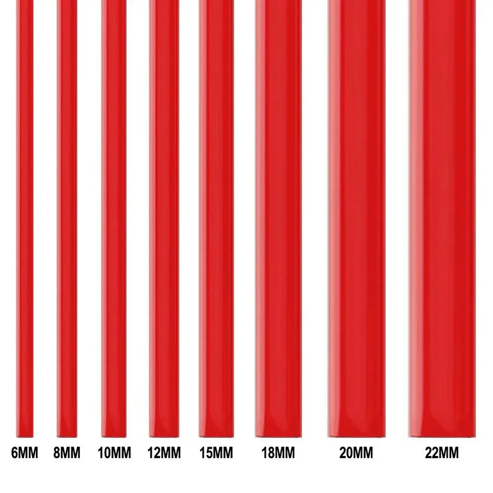 A series of flexible red PVC car bumper protection strips shown in various thicknesses from 6mm to 22mm.