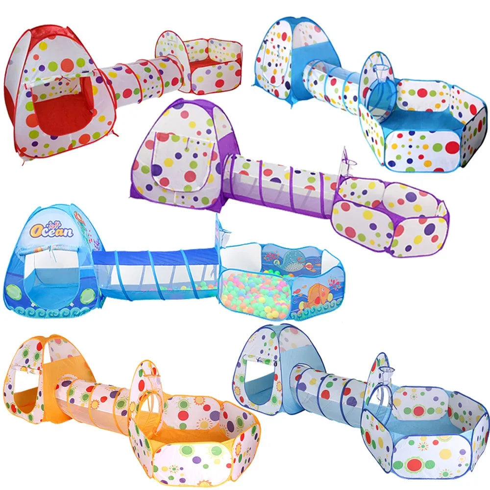 A colorful 3-in-1 kids ball pit play tent with a crawl tunnel featuring various shapes and colors.