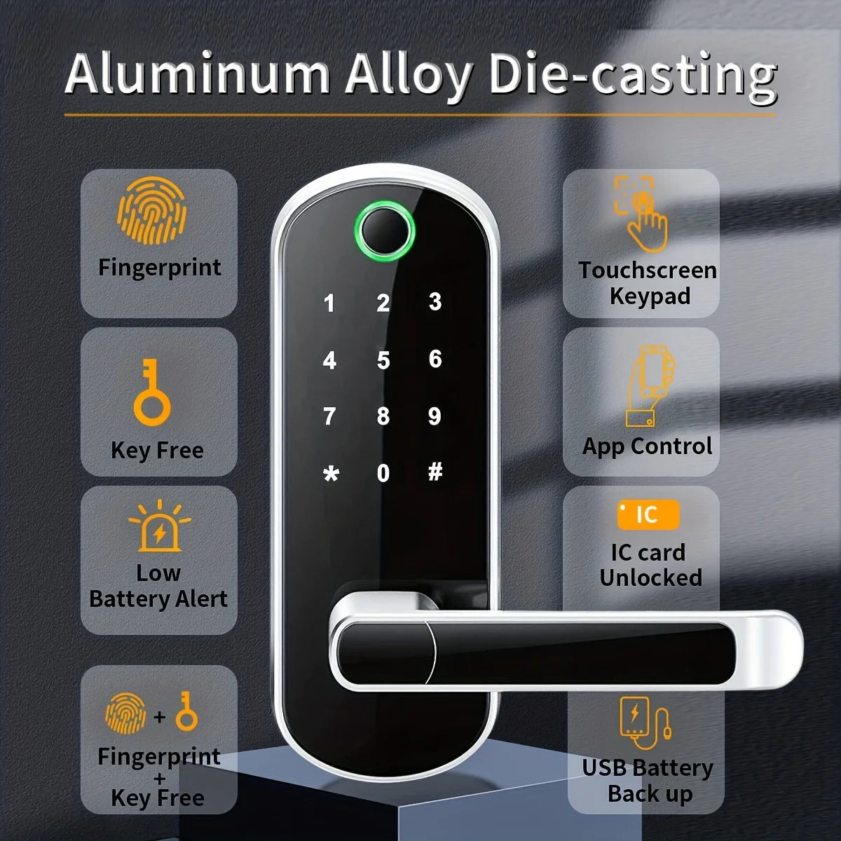 A smart fingerprint door lock featuring a keypad, touchscreen, and various access methods like key free and IC card unlock.