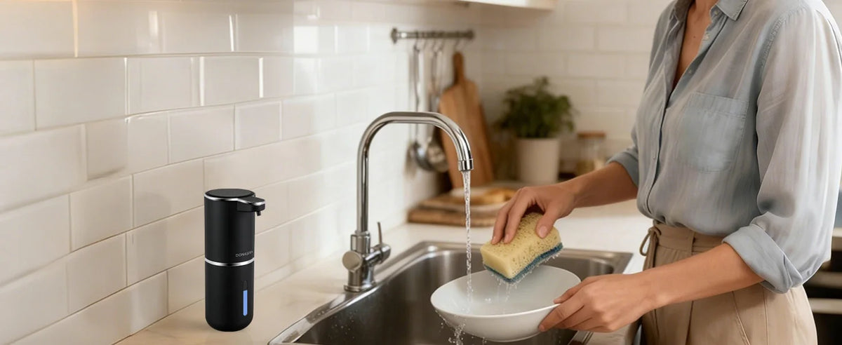 A person is using a touchless automatic soap dispenser to dispense liquid into a sink.