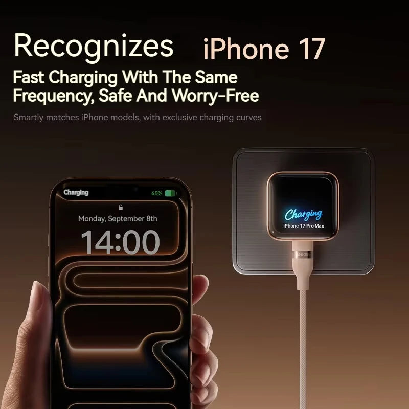 Une main tient un iPhone 17 Pro Max en charge via un adaptateur de charge intelligent.