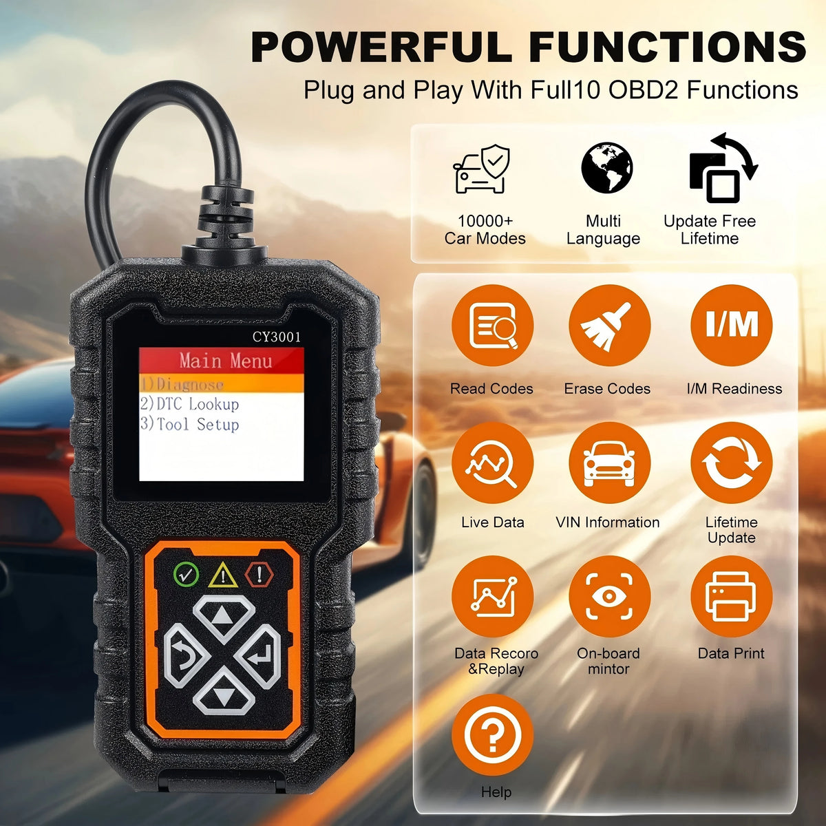 An orange and black OBD2 diagnostic scanner tool with a handle, showing various functions like reading codes and live data.
