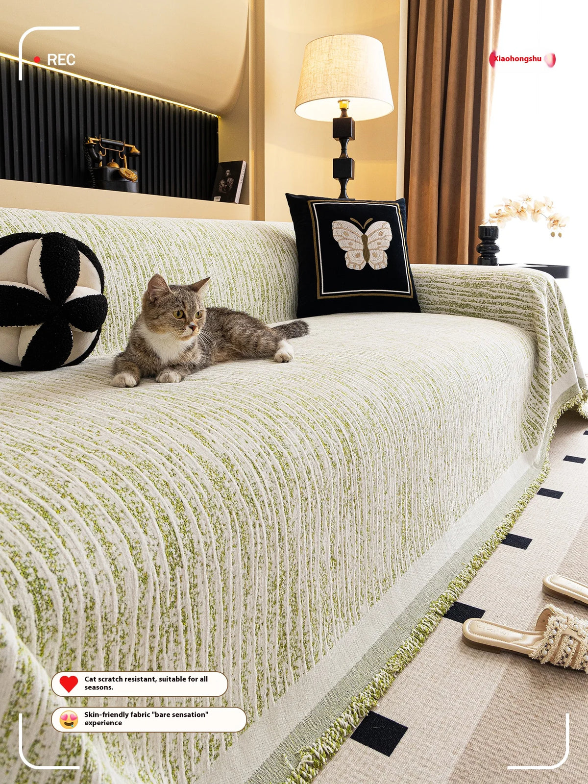 Thick Chenille Sofa Cover with Tassel Fringe — Scratch Resistant & Reversible