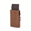 Portefeuille en cuir véritable marron avec blocage RFID et une pochette de carte gris foncé.