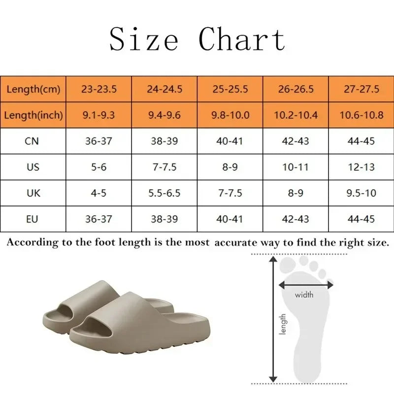 Size chart for Cloud Thick-Soled EVA slides showing length measurements in centimeters and inches.